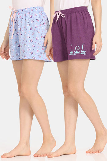 Buy Rosaline Joy Sticks Knit Cotton Shorts (Pack of 2) - Blue Purple